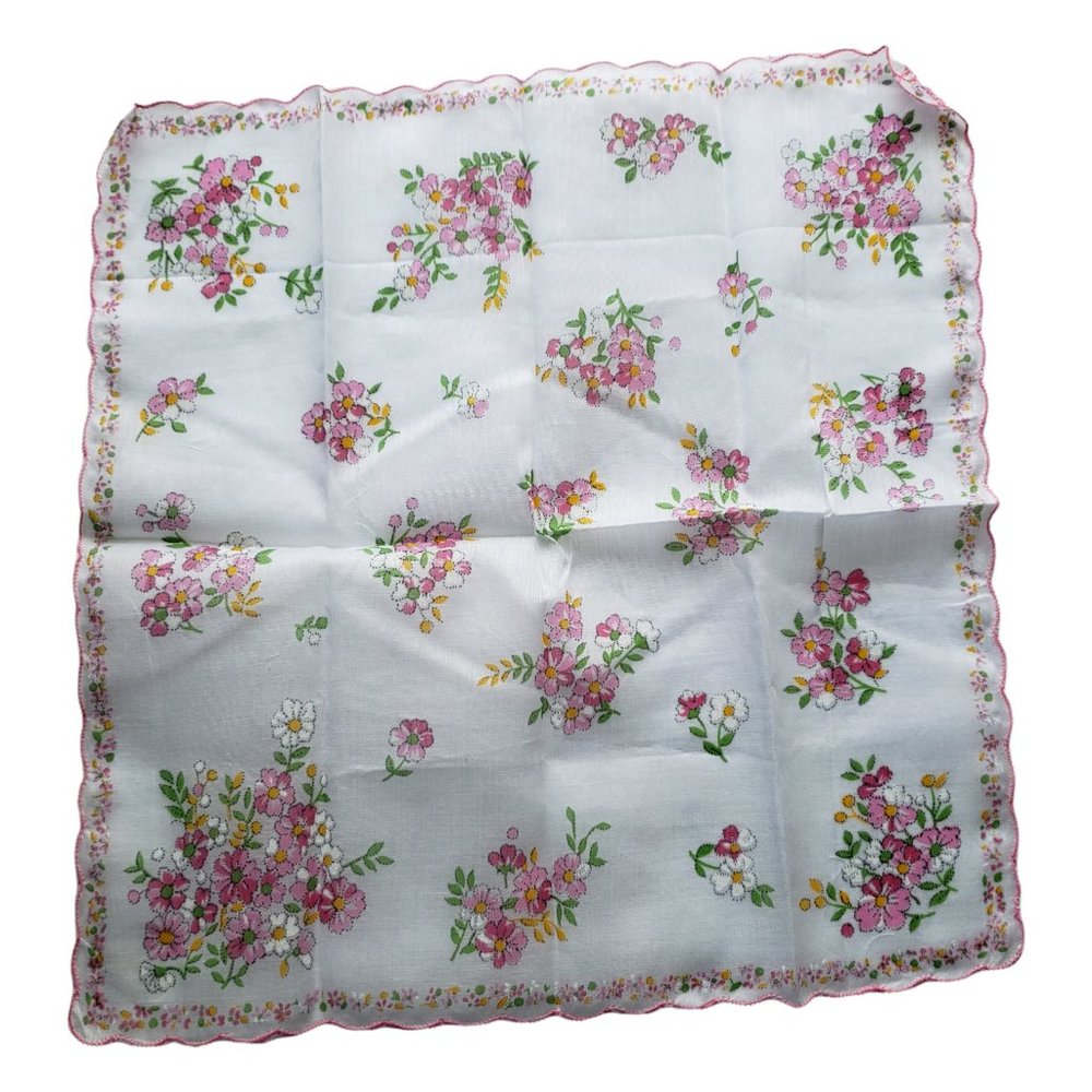 Vintage Ladies Handkerchief /Hankies Pink Scalloped Flower Bunches - Picture 4 of 5